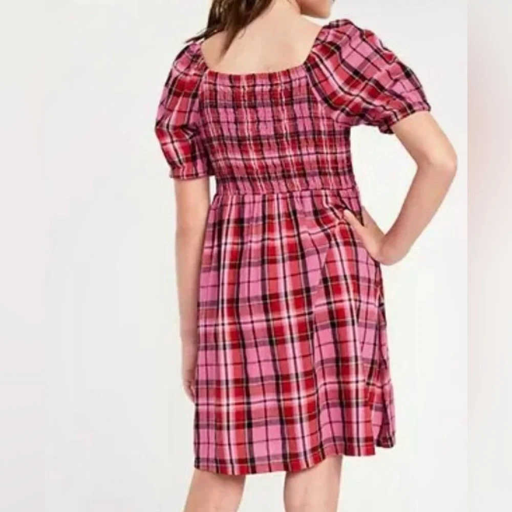 OLD NAVY Girls Pink Plaid Smocked Dress Cotton Puff Sleeves Size 6-7